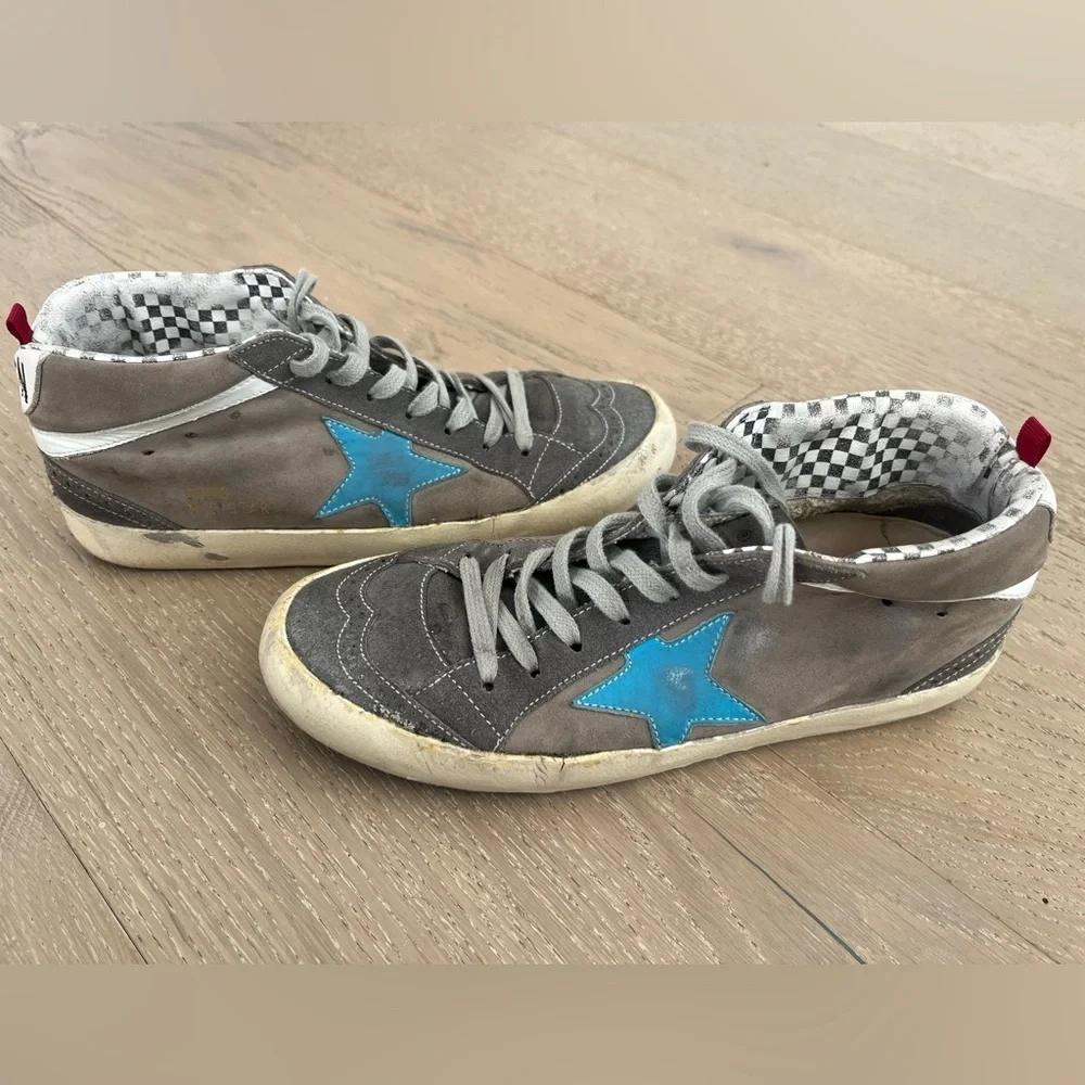 Golden Goose MidStar Gray Suede Sneakers with Blue Star Accent sz 38